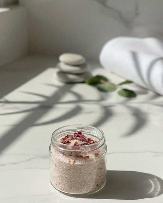 Glass jar with bath salts on a marble surface with sunlight casting shadows